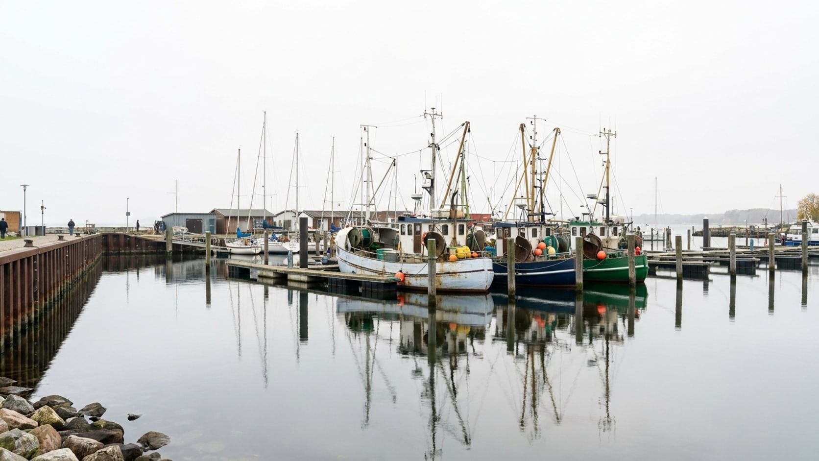 Fishing cutters at floating jetties in the calm fishing harbour, sheet piling and rock armour, smooth water reflecting masts and hulls under an overcast sky