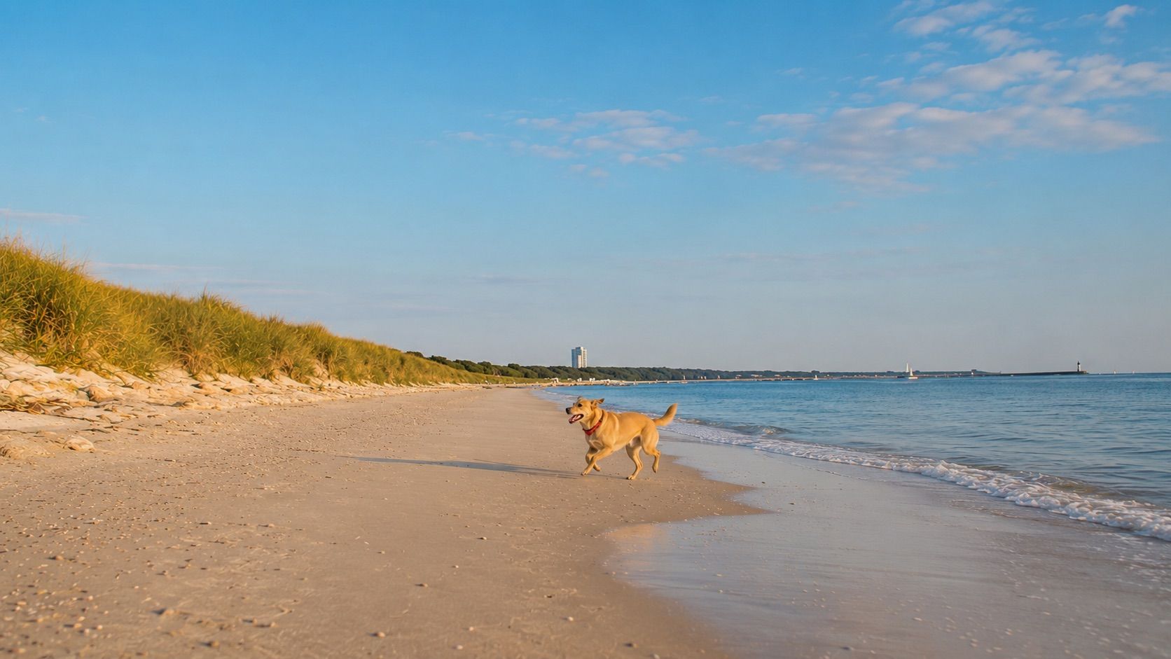 Ein Hund läuft über den weiten Ostseestrand am Priwall in Travemünde