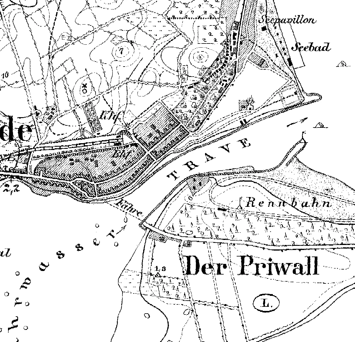 Karte von 1878: Travemünder Ortskern, Trave und Priwall mit Fähre, Seebad und Rennbahn