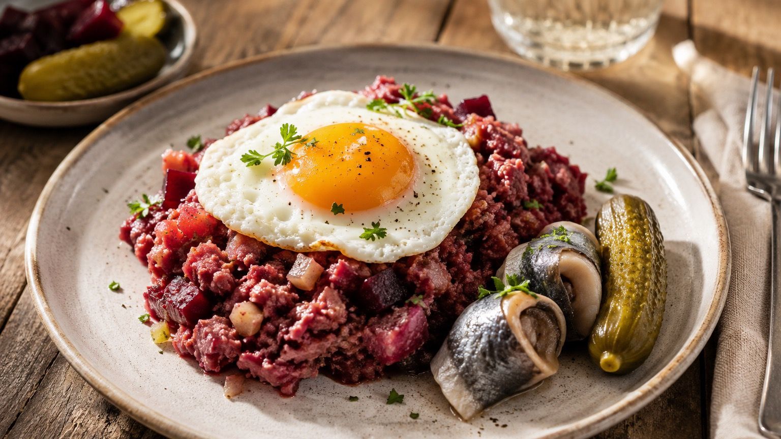Ein Teller Labskaus, norddeutsch angerichtet mit Spiegelei, Rote Bete und Rollmops