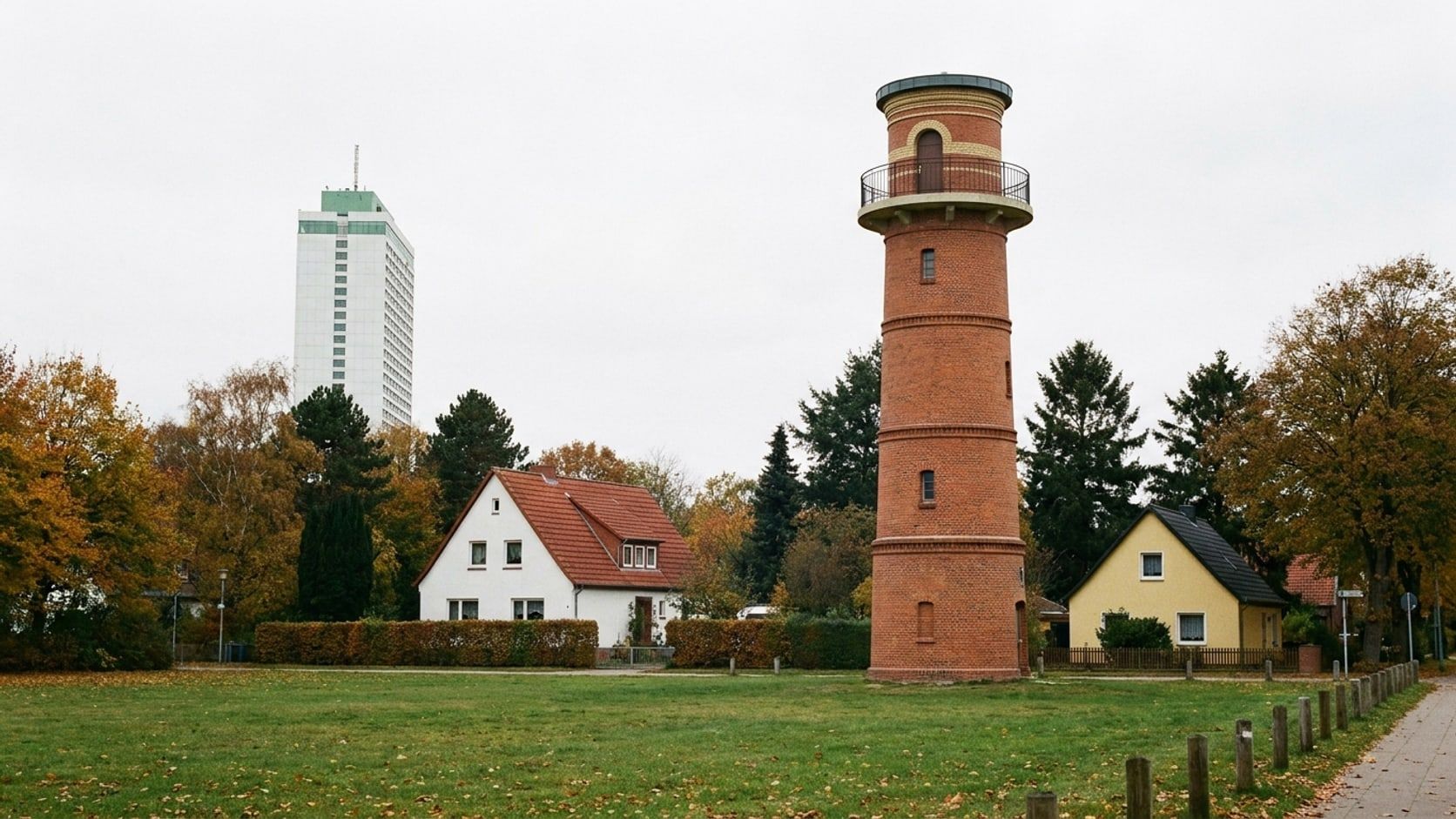 The old lighthouse, a slender round brick tower with one gallery below its flat roof, among autumn trees; to the left a white house with a red tiled roof and the hotel high-rise, a lawn with fallen leaves under an overcast sky