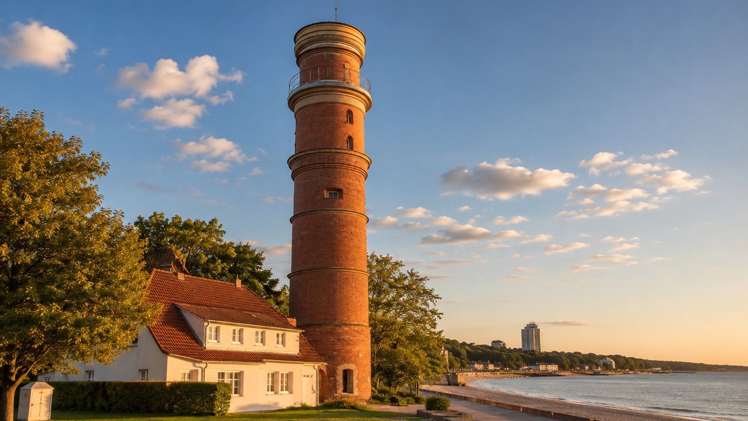 Der Alte Leuchtturm von Travemünde über der Strandpromenade im Abendlicht